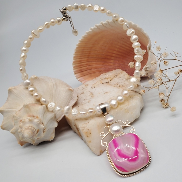 Freshwater Pearls Necklace Silver Hot Pink Genuine Agate Pendant - Picture 2 of 7